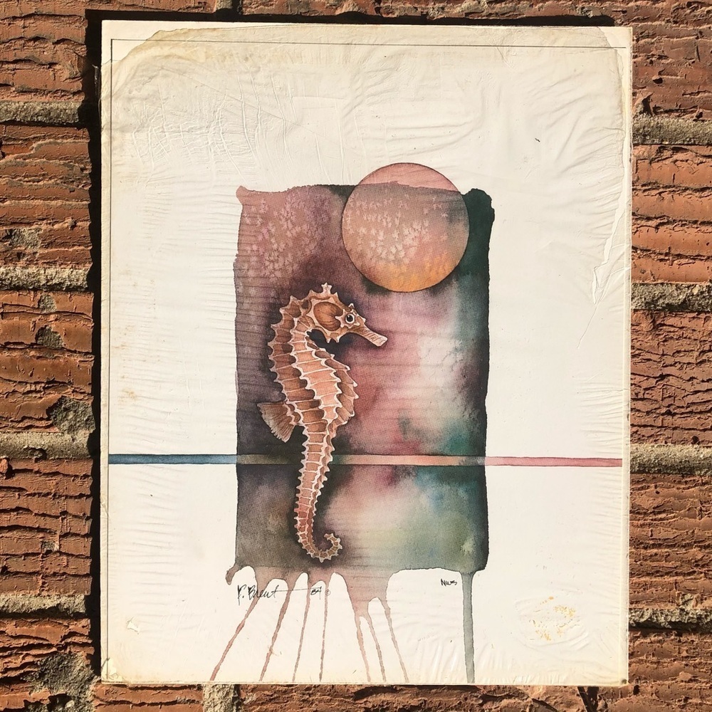 Vintage 1984 Paul Brent Seahorse Watercolor Montage Print 8” x 10”